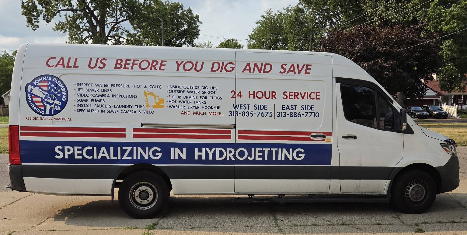 John's Plumbing Heating and More service van lettered "Call us before you dig and save" and "Specializing in hydrojetting"